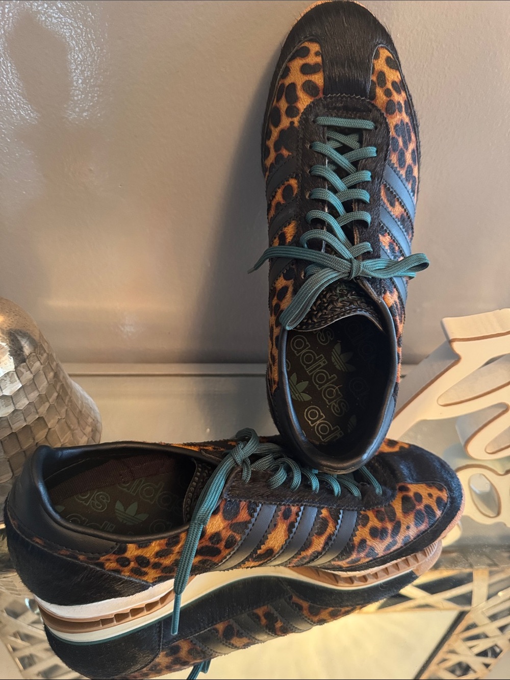 Adidas Leopard Calf Hair Sneakers with Black Stripes and Green Laces - Picture 5 of 8